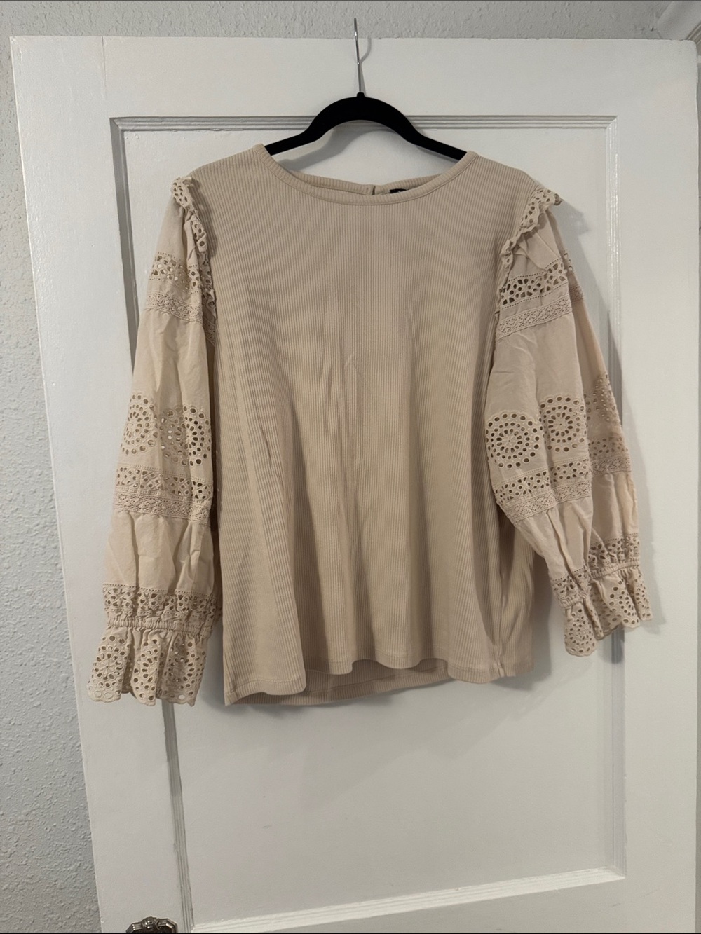 Boho Lace Sleeve Ribbed Top - Cream